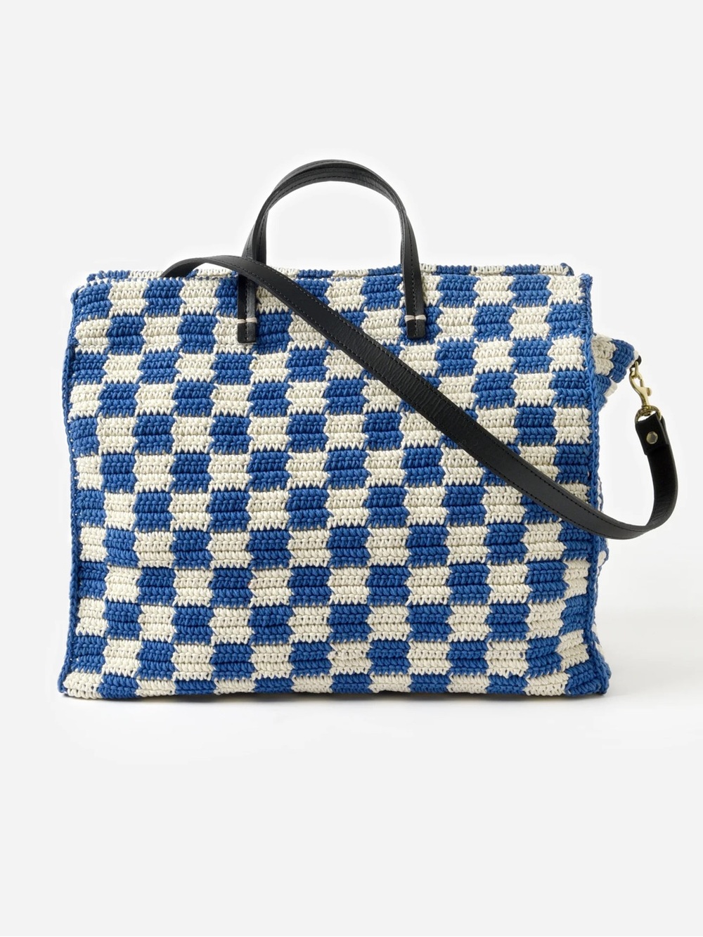 Clare V. Summer Simple Tote. Blue / Cream Crochet Checker.